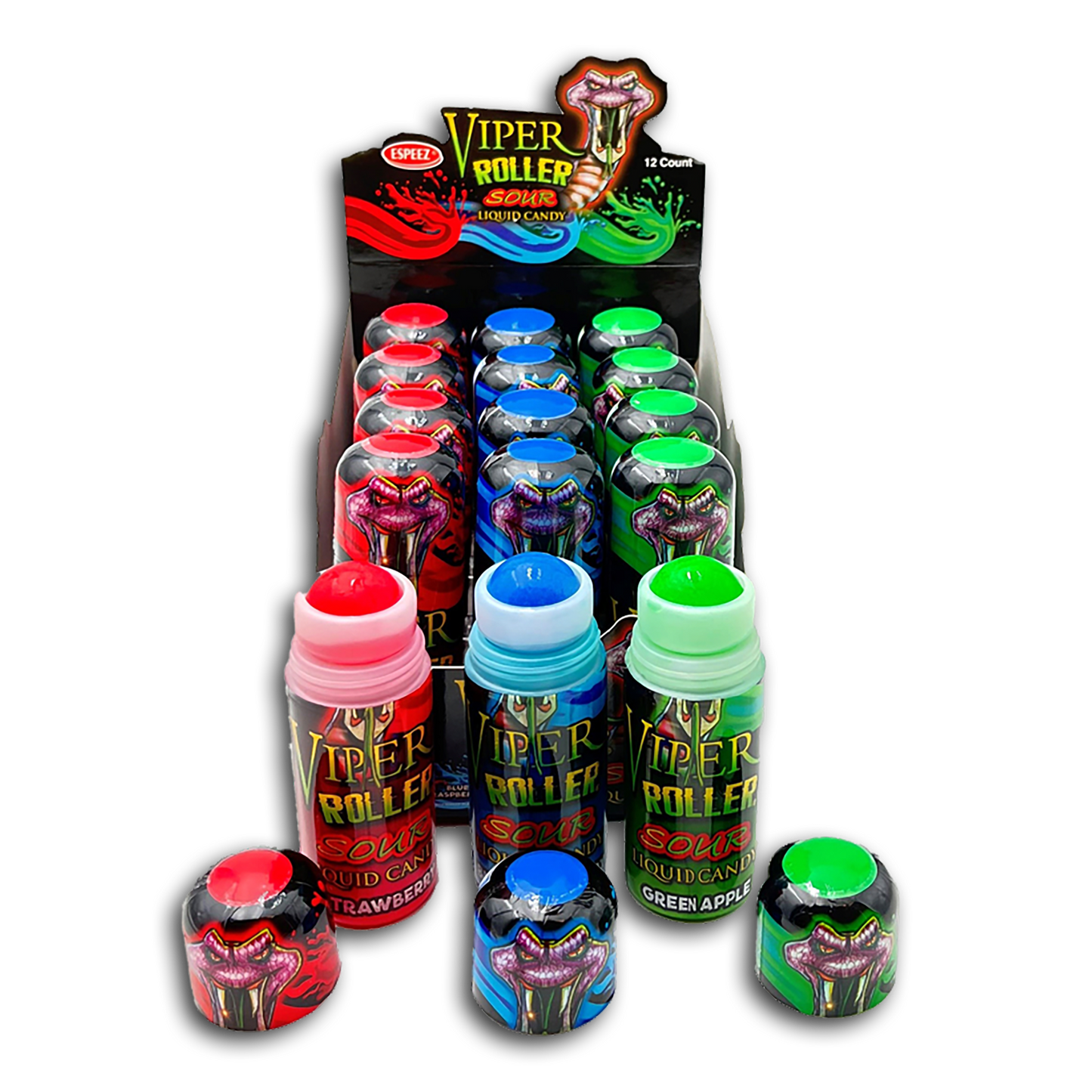 12PC VIPER ROLLER SOUR LIQUID CANDY DISPLAY