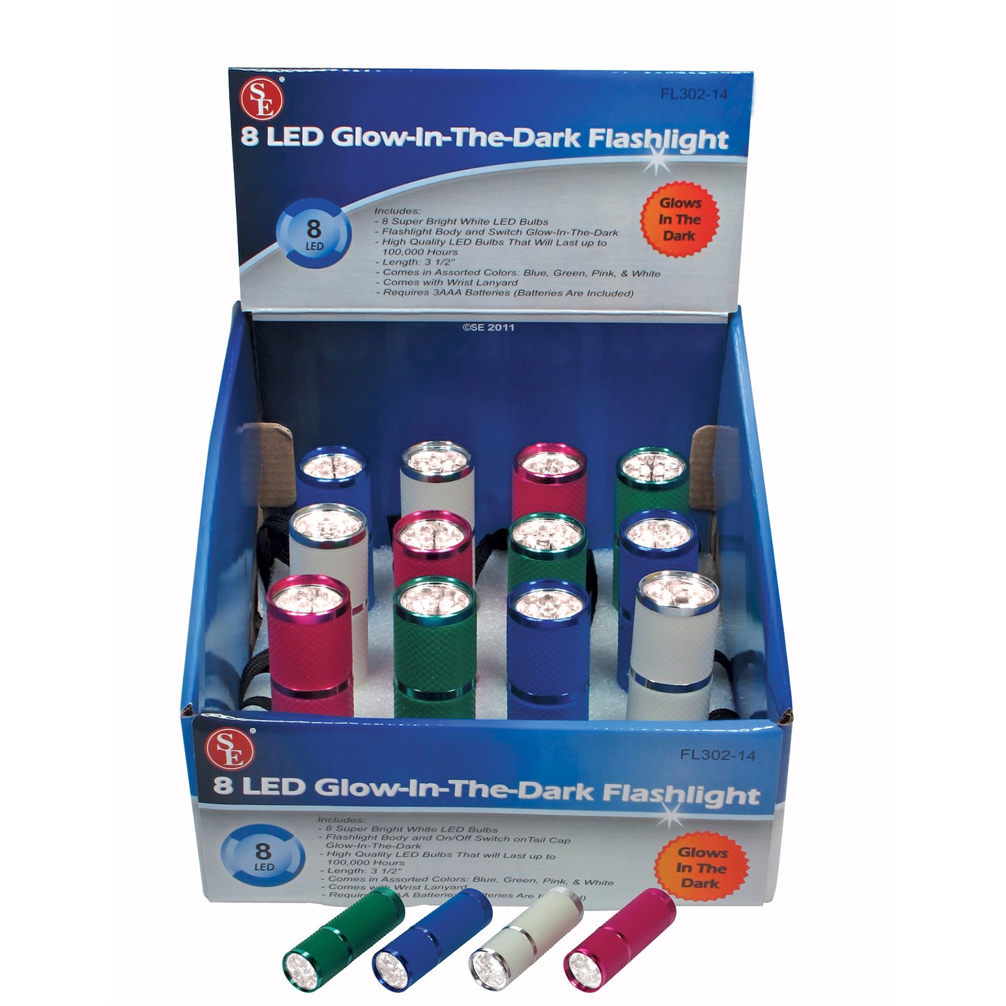 12PC 8-LED GLOW-IN-THE DARK FLASHLIGHTS DISPLAY