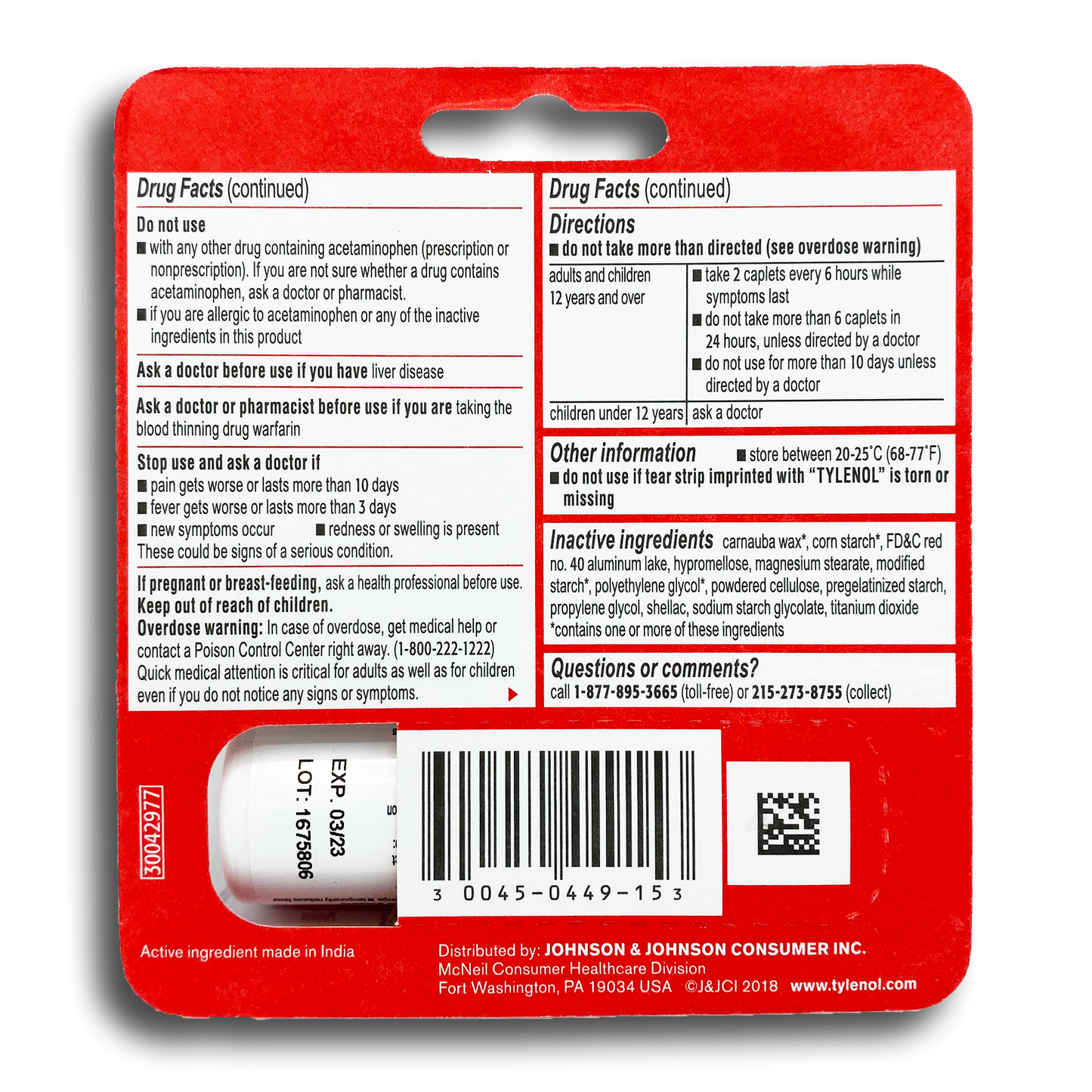 TYLENOL EXTRA STENGTH CARDED VIAL