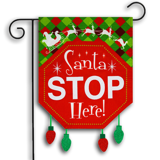 SANTA STOP HERE BURLAP GARDEN FLAG