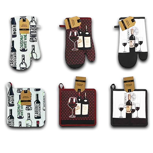 2PC WINE PRINTED OVEN MITT & POTHOLDERS SET