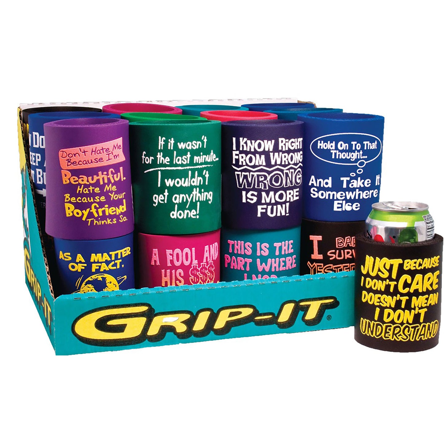 24PC NOVELTY GRIP-IT CAN COOLER DISPLAY